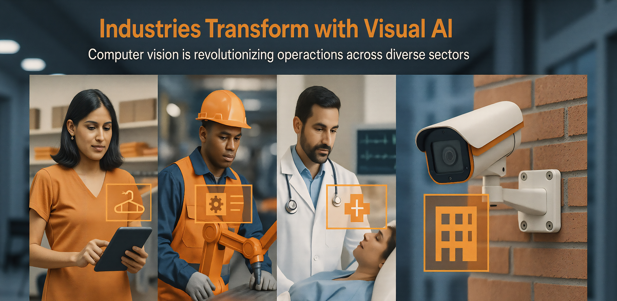 Industries transforming with visual AI - retail store, manufacturing floor, hospital, and security camera